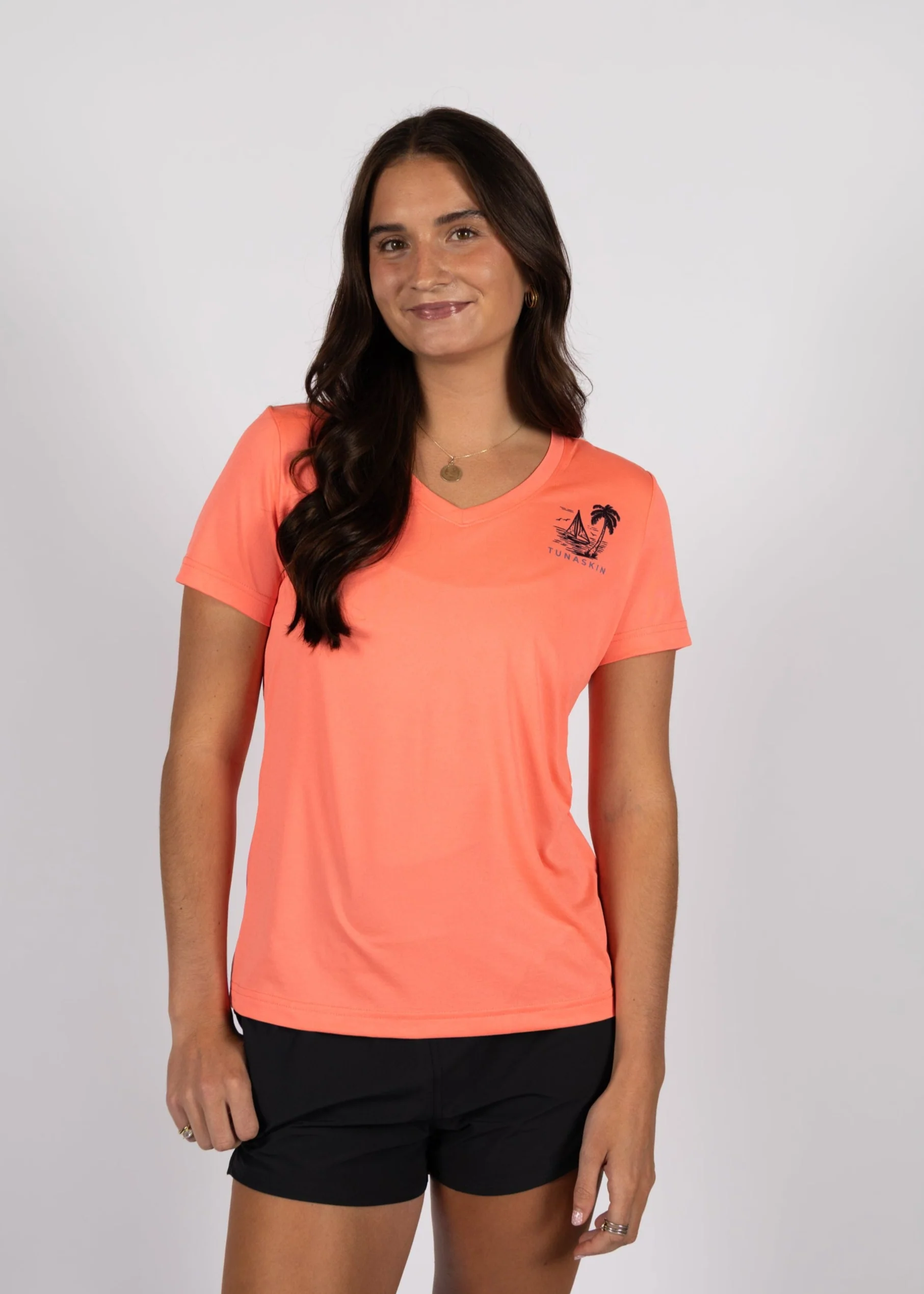 Sailboat | Women's Echo Performance Short Sleeve V-Neck | Coral - Image 3