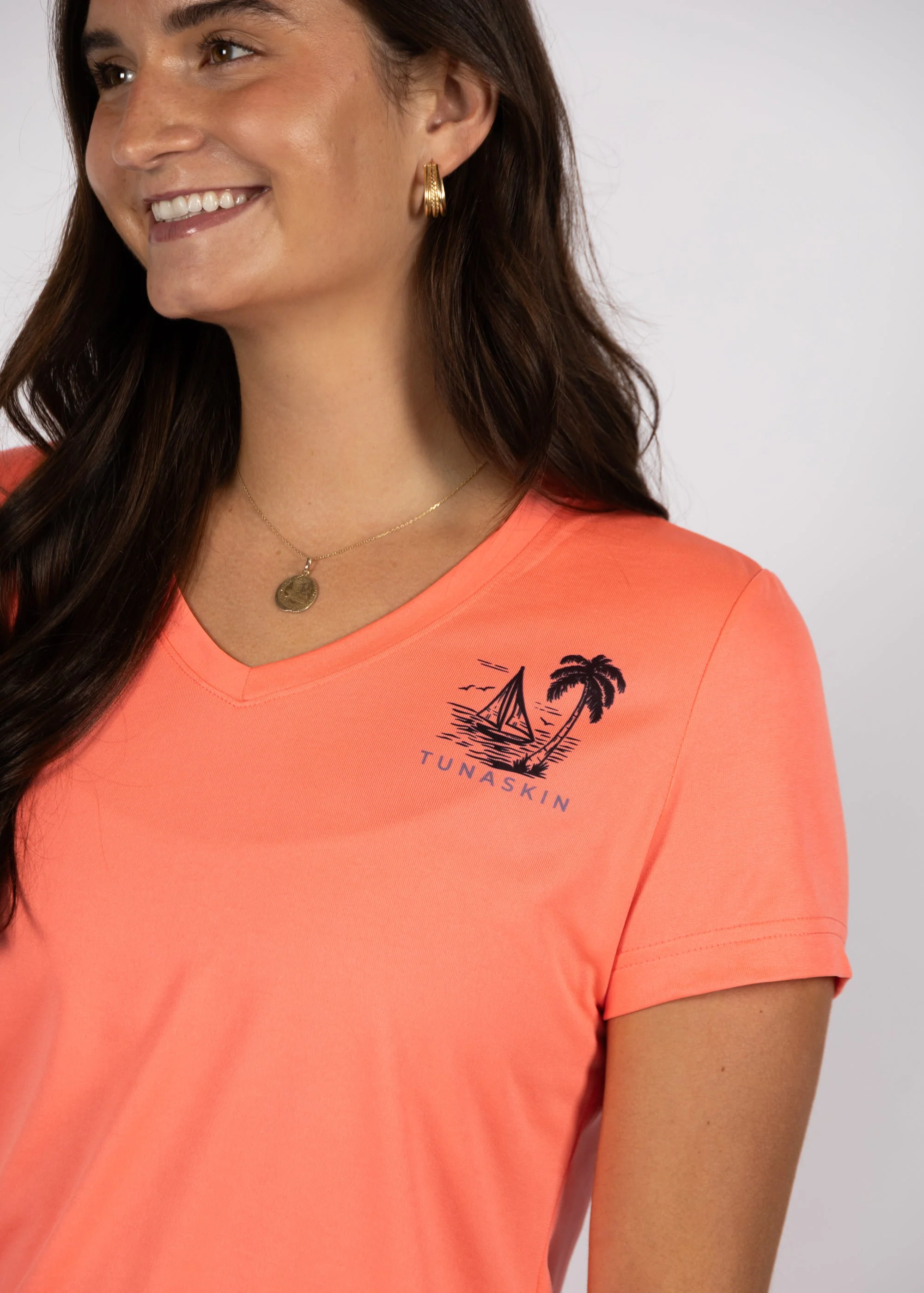 Sailboat | Women's Echo Performance Short Sleeve V-Neck | Coral - Image 5
