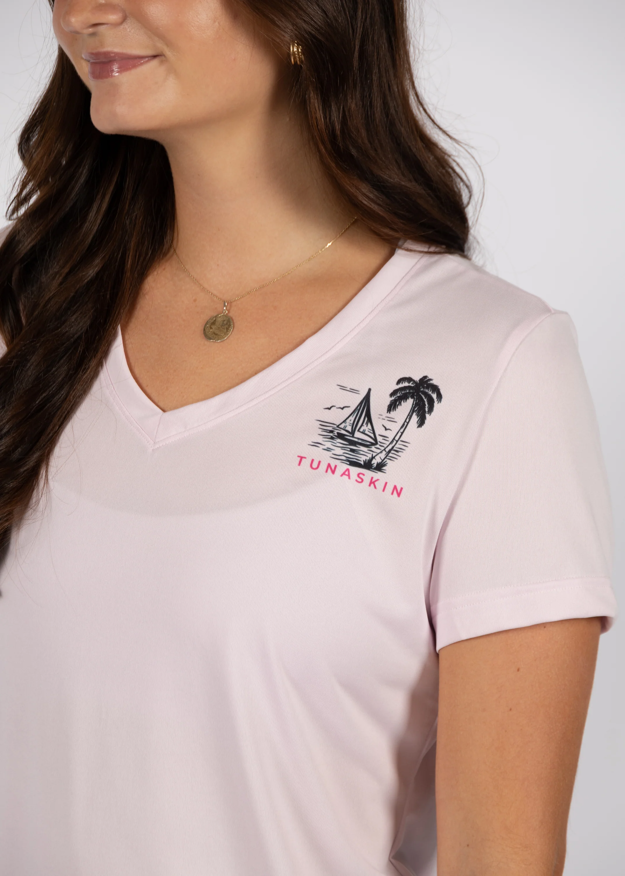Sailboat | Women's Echo Performance Short Sleeve V-Neck | Flamingo - Image 3