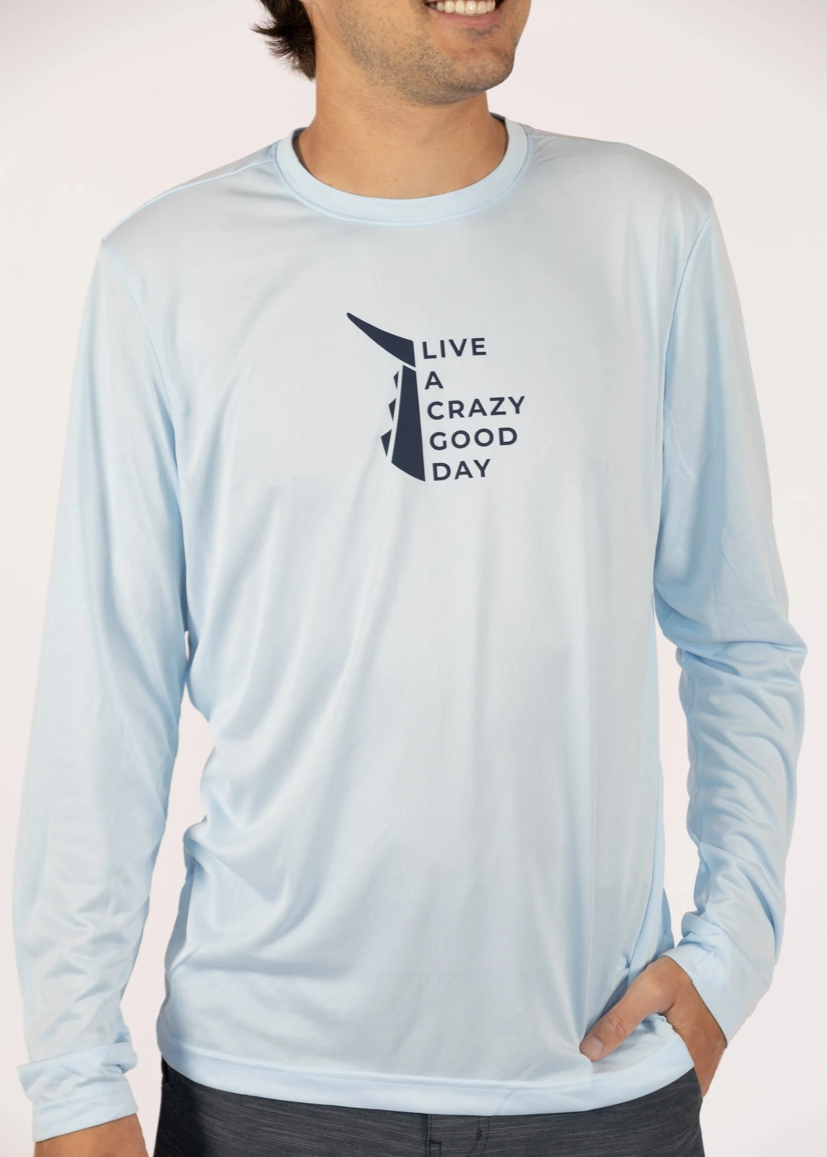 Live a Crazy Good Day | Men's Echo Performance Long Sleeve | Ice Blue - Image 3